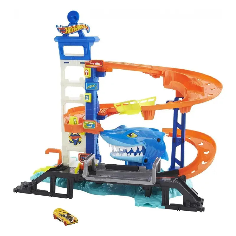 Hot Wheels Hai-Angriff Autorennbahn für Überraschungseffekte, inkl. 1 Spielzeugauto HDP06