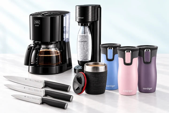 Melitta-Kaffeemaschine, SodaStream, Contigo-Becher, Emsa-Becher und WMF-Messer